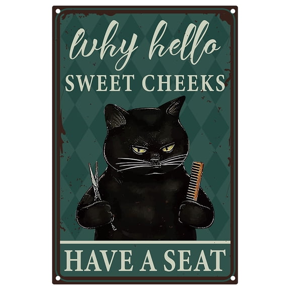 Cat Barber Metal Tin Sign Sweet Cheeks Have A Seat Vintage Tin Sign Funny Hanging Poster Sign Decor