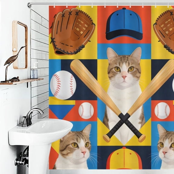Cat Baseball Print Shower Curtain Animal Themes Bathroom Decor Shower Curtain 66inx72in(with 12 Hooks)
