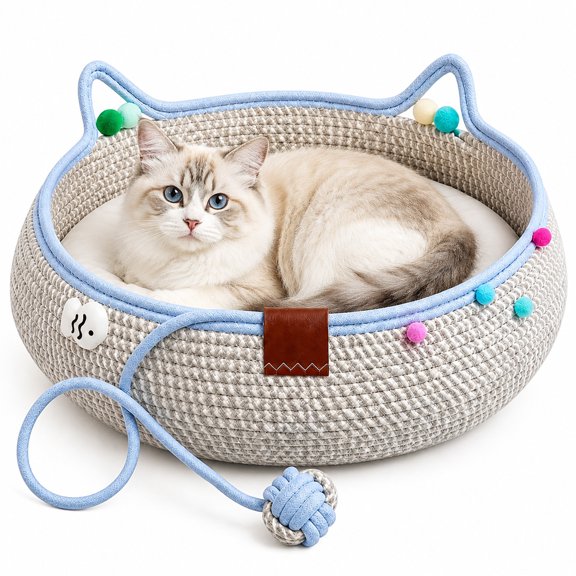 Cat Basket Bed with Cushion – Handwoven Round Sleeping Nest with Built-in Soft Pad & Play Ball,Cat Beds for Indoor Cats
