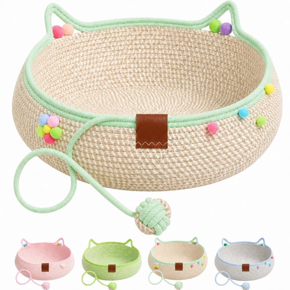 Cat Basket Bed with Cushion & Hanging Ball Toy,Handwoven Cotton Rope Cats Bed for Indoor Cats & Kittens, Scratchable Woven Cat Nest Lounger