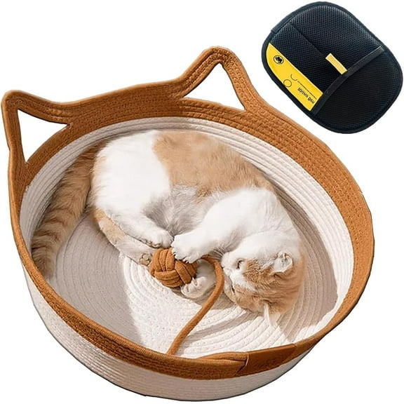 Cat Basket, Cotton Rope Woven Cat Bed Basket, Hand Woven with Toy Tail, Breathable Durable Natural Cotton Rope Cats Sleeping House, Versatile Pet Bed and Toy Storage Baskets (Green, S)