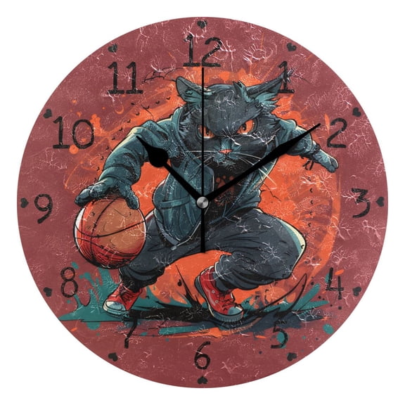 Cat Basketball Player Round Wall Clock Silent Analog Battery Operated Black Pointer Home Decor 9.84" Diameter