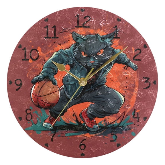 Cat Basketball Player Round Wall Clock Silent Analog Battery Operated Gold Pointer Home Decor 9.84" Diameter