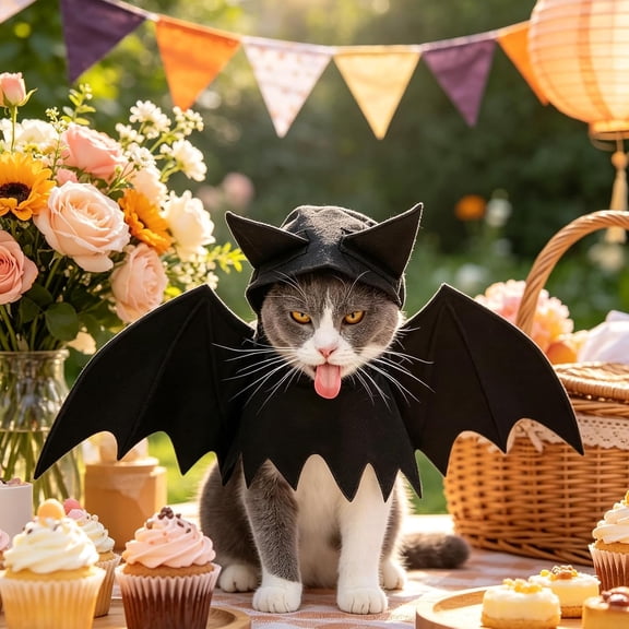 Cat Bat Wings Costume Adjustable Gothic Black Felt Cape with Pumpkin Bell, Neck-Safe Lightweight Halloween Outfit for Cats & Small Dogs, Foldable Party Prop & Photo Accessory