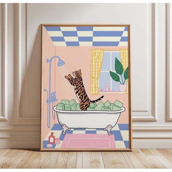Cat Bath Funny Bathroom Wall Art Whimsical Animal House Decor Unframed Paper Print