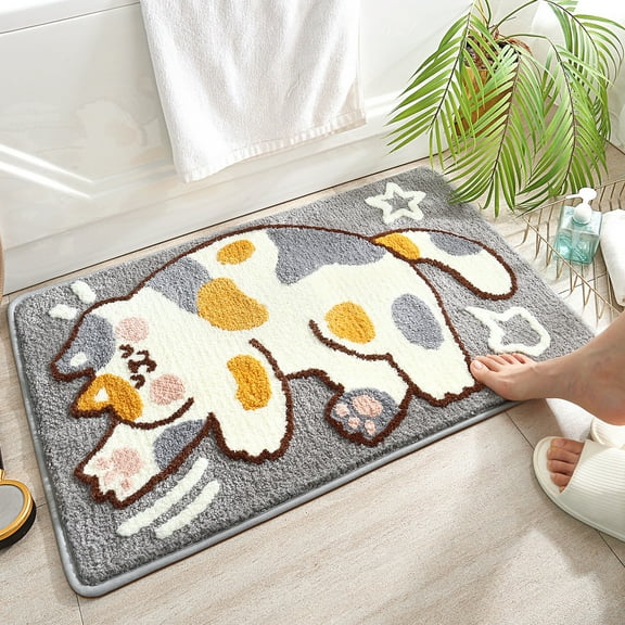 Cat Bath Mat Bathroom Rug, Plush Microfiber Shower Rug Non-Slip Water Absorbent Bath Rug, Funny Animal Floor Mats for Kids Room, Bedroom, Kitchen (Calico Cat, 20 x 31)