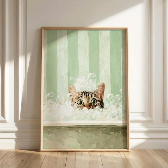 Cat Bath Sage Green Bathroom Bubble Whimsical Decor Tabby Wall Art Print