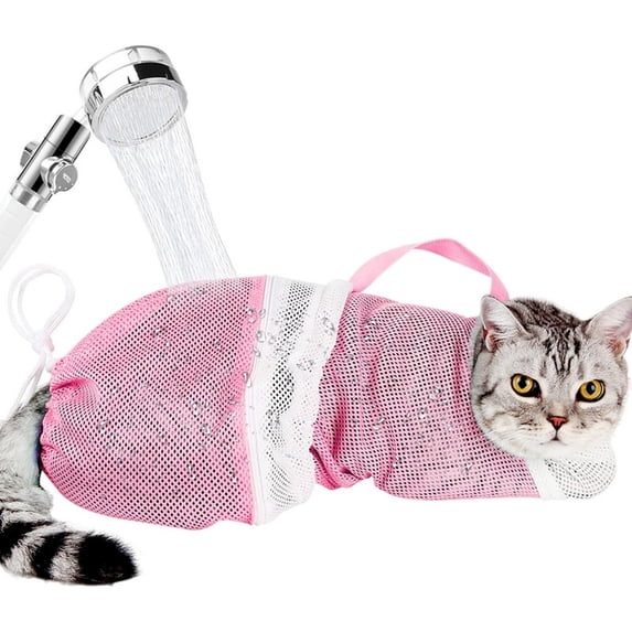 Cat Bathing Bag, Adjustable Breathable Cat Grooming Mesh Bag, Anti-bite & Anti-Scratch Cat Bath Washing Restraint Bag, For Showering and Trimming Nails(1Pc, Pink)