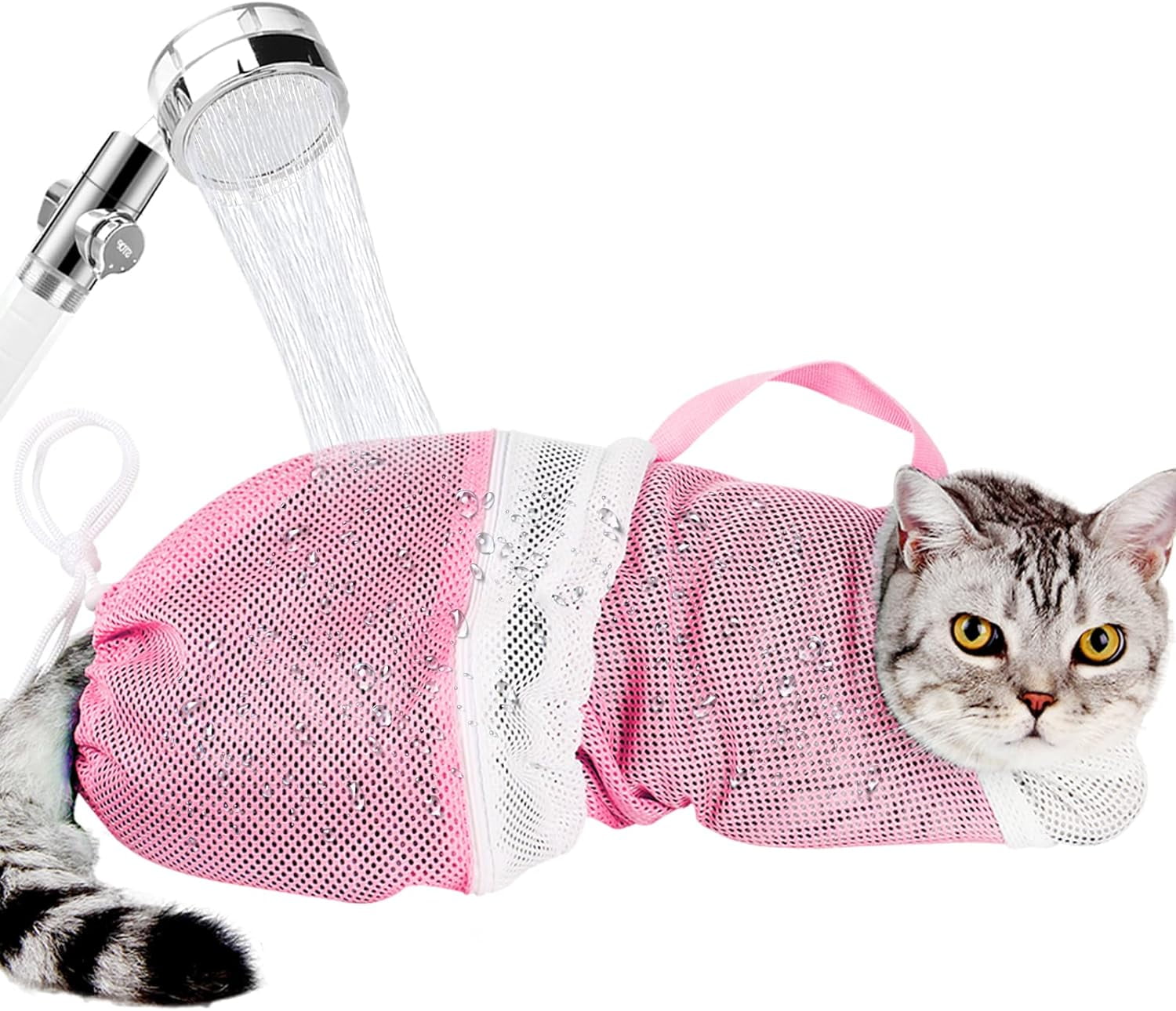 GASTROPOD Cat Bathing Bag Anti-Scratch Grooming Net, Adjustable Pet Restraint Sack with Zipper, Breathable Mesh Wash Bag for Shower, Nail Trimming, Peach