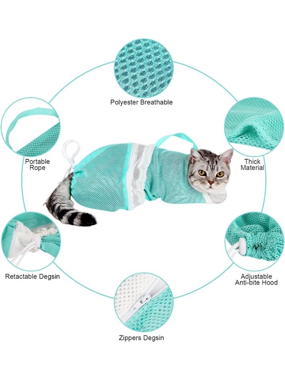 Cat Bathing Bag Adjustable Cat Grooming Net Bag Anti-bite & Anti-Scratch Cat Bath Washing Restraint Bag, Breathable Mesh Cat Grooming Bag for Shower, Nail Trimming, Injection