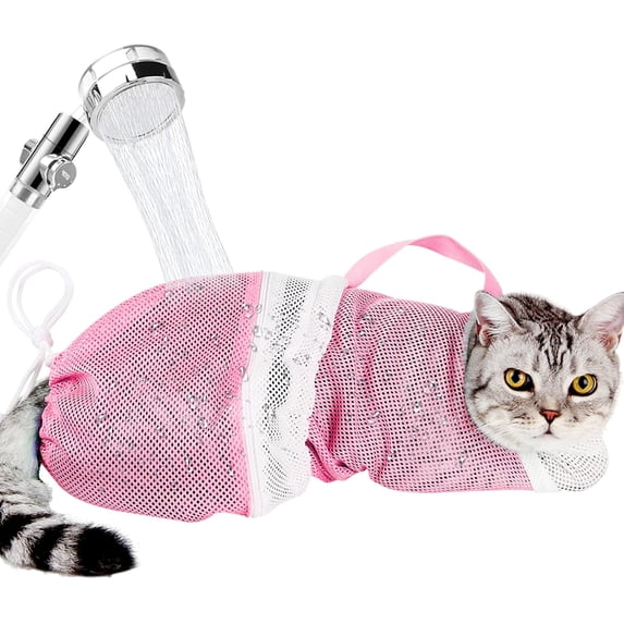 Cat Bathing Bag - Adjustable Cat Washing Net Anti-bite & Anti-Scratch Cat Shower Restraint Bag, Breathable Mesh Cat Grooming Bag for Bath, Nail Trimming & Injection