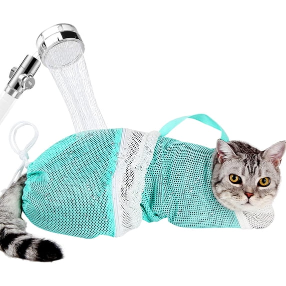 Cat Bathing Bag - Adjustable Cat Washing Net Anti-bite & Anti-Scratch Cat Shower Restraint Bag, Breathable Mesh Cat Grooming Bag for Bath, Nail Trimming & Injection