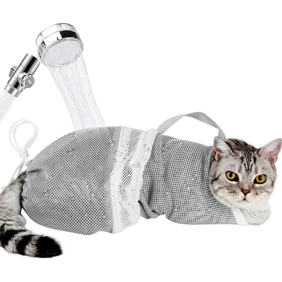 Cat Bathing Bag - Adjustable Cat Washing Net Anti-bite & Anti-Scratch Cat Shower Restraint Bag, Breathable Mesh Cat Grooming Bag for Bath, Nail Trimming & Injection