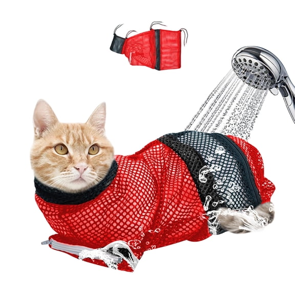 Cat Bathing Bag, Breathable Mesh Cat Shower Bag Anti Scratch Adjustable Cat Grooming Bag for Nail Trimming, Bathing Polyester Soft Cat Washing Bag-Red