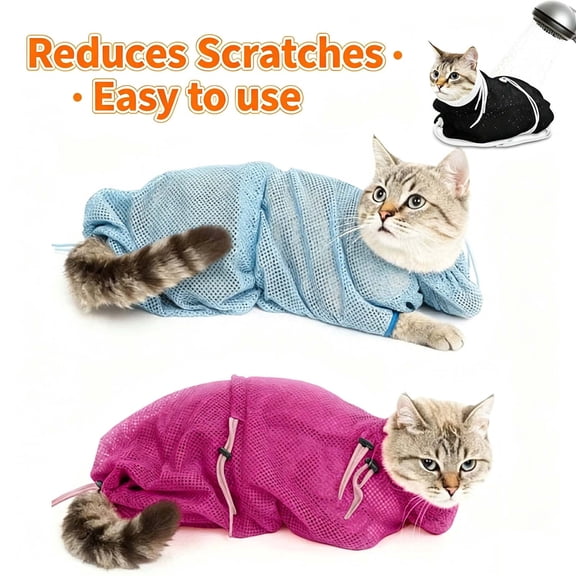 Cat Bathing Bag, Breathable Mesh Cat Shower Bag, Anti Scratch Adjustable Grooming Washing Bag for Nail Trimming, Soft Polyester _ A