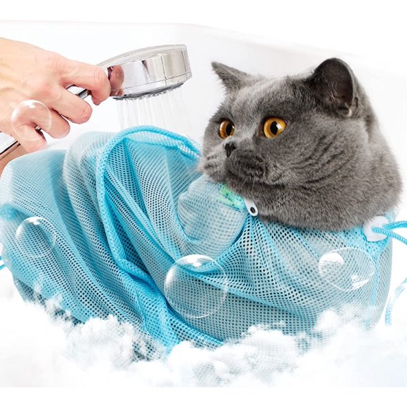 Cat Bathing Bag Grooming Bag Bathing Shower Mesh Bag Adjustable Multifunctional Breathable Anti-Bite Anti-Scratch Cat Restraint Bag, Design of Rope-pulling Snap for Nail Trim/Examining/Ear Clean