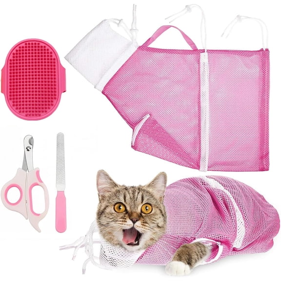 Cat Bathing Bag for Grooming, Pet Wash Bag with Adjustable Neck & Zipper, Anti Scratch Cat Shower Bag with Mesh Breathable, Portable Pet Restraint Bag for Bathing, Ear Cleaning-Grey
