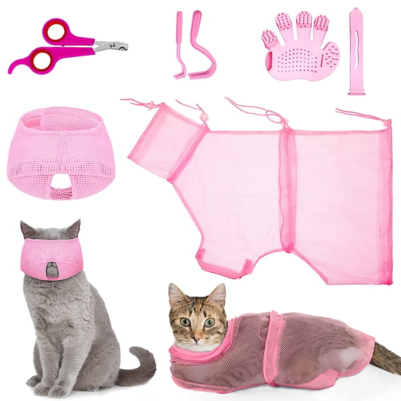 Cat Bathing Bag Set, Cat Grooming Bag with Adjustable Pet Shower Net, Cat Muzzle Nail Clipper Tick Remover Tool Massage Brush for Bathing Nail Trimming, Pink