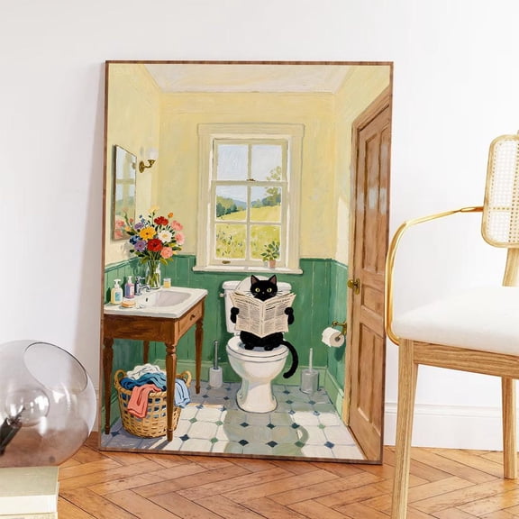 Cat Bathroom Black Kitty Reading Tet Newspaper Poster Home Decor, 8x12 UNFRAMED