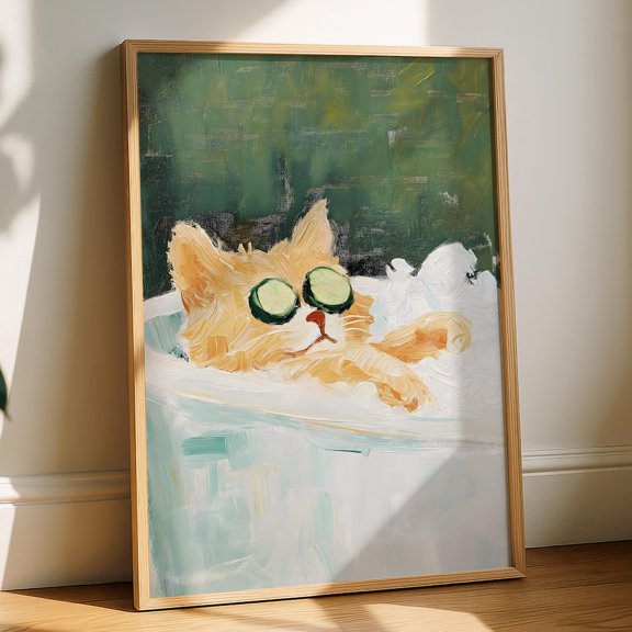 Cat Bathroom Poster, Ginger Cat In Bathtub, Relaxing Cat Bath, Fun Pet, Cute Cat Lover