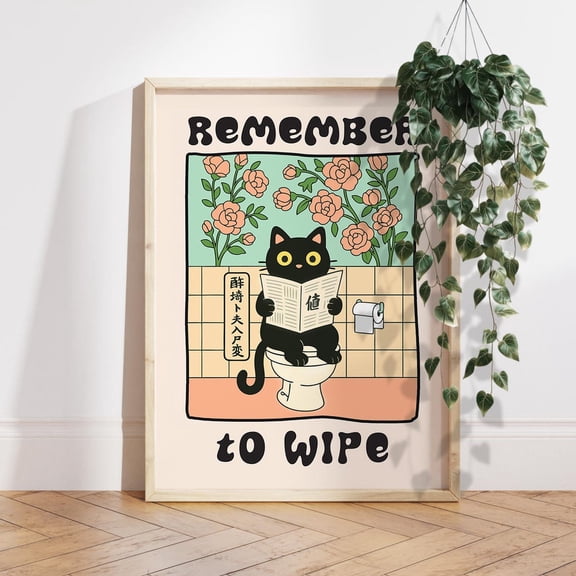Cat Bathroom Remember to Wipe Cute Black Cat Wall Picture, Unframed Canvas 16x20in
