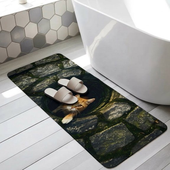 Cat Bathroom Runner Rugs Non Slip Washable Absorbent Narrow Long Bath Mat Stone Well Darkness Rustic Mysterious Runner Rugs for Kitchen Hallway Bedroom Laundry Study Room 31.5"x63"