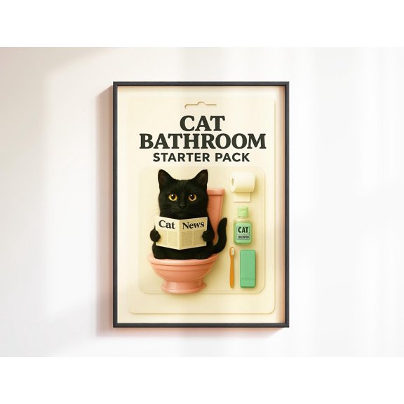 Cat Bathroom Starter Pack Funny 3D Cat Artcute Cat Toilet Bathroom Art Meme Cat Poster , Poster Print Only