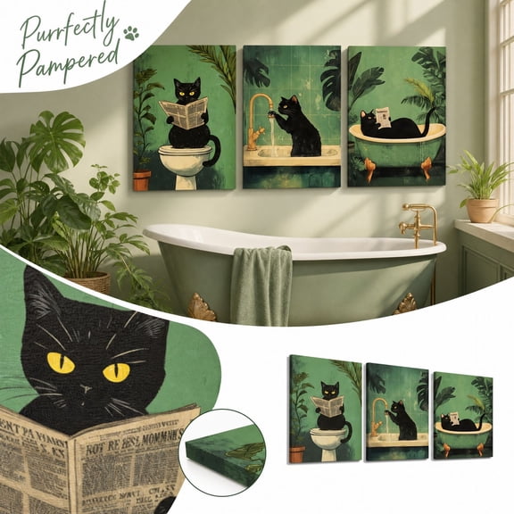 Cat Bathroom Wall Art with Vintage Tropical Black Cat Design, Set of 3, Green and Black Canvas Prints, for Home Bathroom Decoration