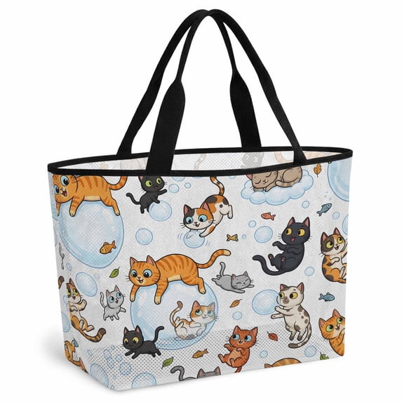 Cat Beach Bag for Women, Large Breathable Mesh Beach Tote Bag, Funny Cute Fish Leaves Bubble Sandproof Lightweight Travel Bags for Vacation Picnic Swimming Pool 15.7"x15.7"x9.1"