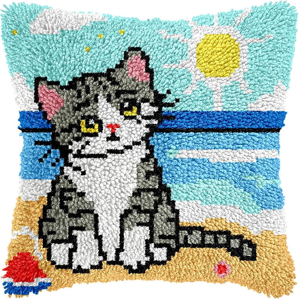 Cat on Beach Latch Hook Pillow Cover Kits for DIY Handmade Throw Pillow Cross Stitch Latch Hooking Pillowcase Kits with Preprinted Color Pattern Canvas Crochet Yarn Kits 17''X 17''(8-130)
