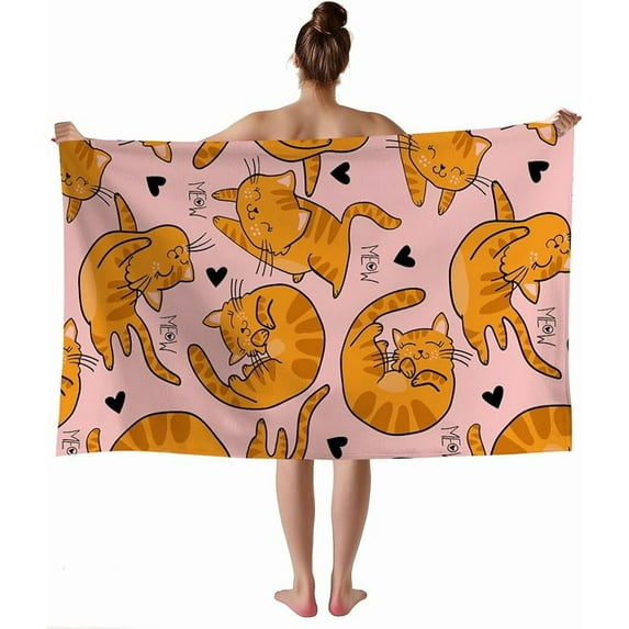 Cat Beach Towel, Cat Towel, Cute Orange Cat on Pink Bath Towel for Kids Girls Women, Cat Towels for Cat Lovers, Kawaii Kitten Swim Pool Towels, 32x52 Inch