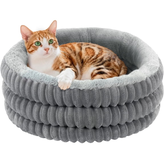 Bed, 20'' Round Donut Fluffy  Beds for Indoor Cats and Small Dogs, Washable Deep Sleep Calming Pet Bed Kitten Bed