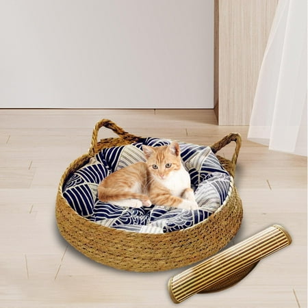 Cat Bed Basket Cat House Summer with Removable Cushion Furniture Protector Nest Cat Scratching Board for Indoor Cats Small Dogs Puppy Rabbit Blue Pillow 43x14cm