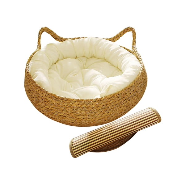 Cat Bed Basket Cat House Durable Dog Bed Four Seasons Washable Cat Lounge Kennel Nest Cat Scratching Board for Large Cats Kitten Accessories White Pillow 43x14cm