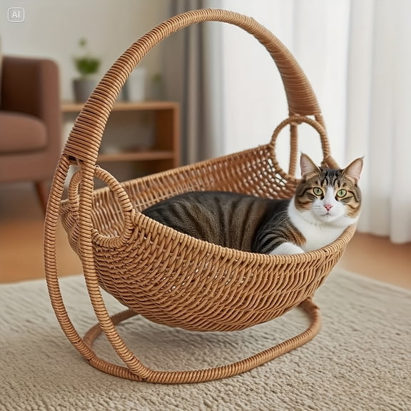 Cat Bed Basket with Removable Cushion Breathable Indoor Pet Sleeping Nest for Cats & Small Pets, Stylish Rattan Rope Design