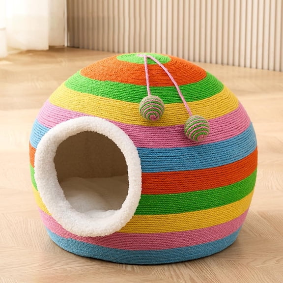 Cat Bed Cave for Indoor, All-in-One Large Winter Warm Semi-Enclosed Cat House with Scratching Post, Wear-Resistant Sisal Cat Scratcher, Removable Washable Cushioned Pet Furniture