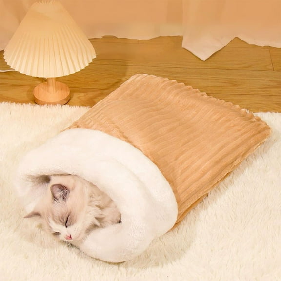 Cat Bed Cave Sleeping Bag, Winter Warm Self-Heating Pet Mat, Soft Comfortable Sack for Cats And Small Dogs, Cold-Resistant Indoor Pet Bedding Sleep Cushion, 17.72*21.26in, Khaki