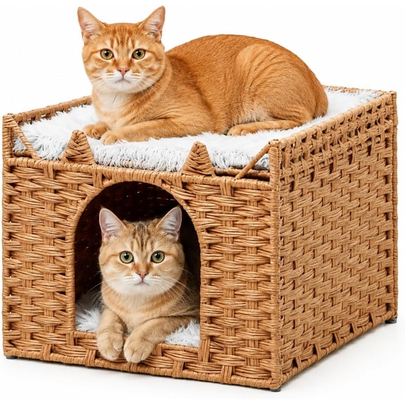 Cat Bed with Ears - Handwoven Rattan Cat Cave House for Indoor Kittens, Foldable Hideaway with 2 Removable Cushions, 16.5x16.5x13.2 Inch Natural Pet Cube for Living Room/Bedroom Natural