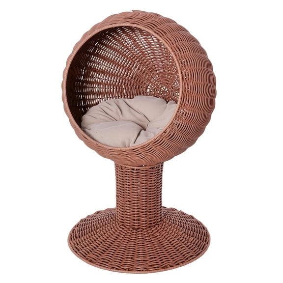 Cat Bed Elevated, Rotatable Egg Chair Cat Basket, Woven Kitty House with Cushion - Brown, Cozy Cat Cave for Indoor Cats up to 10lbs