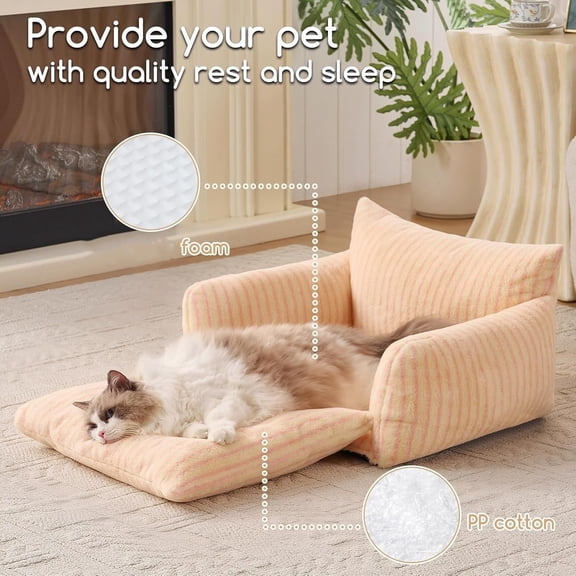 Cat Bed Fluffy Plush Multifunctional Double-Layer Machine Washable Soft Warming Kitty Pet Couch Nest Beds for Small Cats Kitten and Dogs up to 13lbs, Pink Stripes(25x20x13 inch)