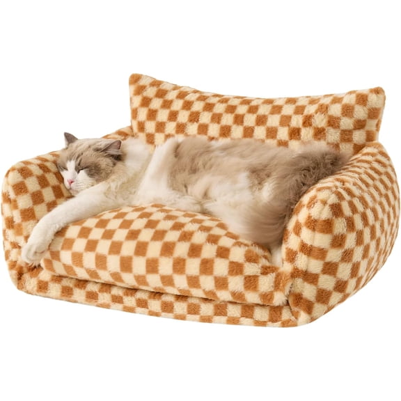 Cat Bed Fluffy Plush Multifunctional Double-Layer Machine Washable Soft Warming Kitty Pet Couch Orthopedic Nest Beds for Small Cats Kitten and Dogs up to 13lbs, Brown & Yellow(25x20x13in)