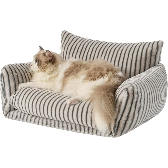 Cat Bed Fluffy Plush Multifunctional Double-Layer Machine Washable Soft Warming Kitty Pet Couch Orthopedic Nest Beds for Small Cats Kitten and Dogs up to 13lbs, Gray Stripes(25x20x13in)