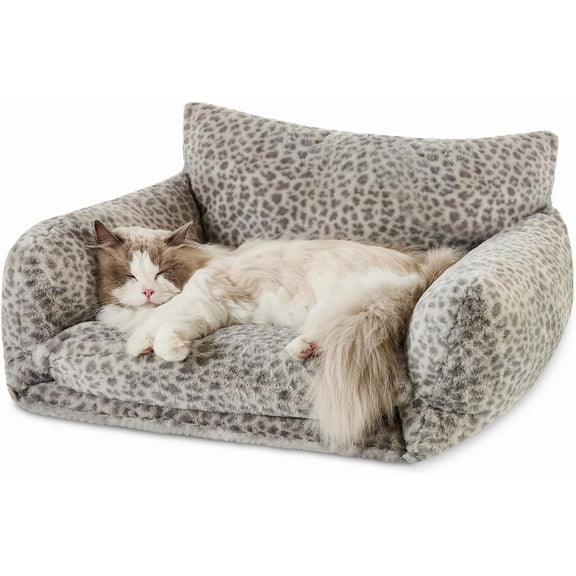 Cat Bed Fluffy Plush Multifunctional Double-Layer Machine Washable Soft Warming Kitty Pet Couch Orthopedic Nest Beds for Small Cats Kitten and Dogs up to 13lbs, Snow Leopard(25x20x13 inch)