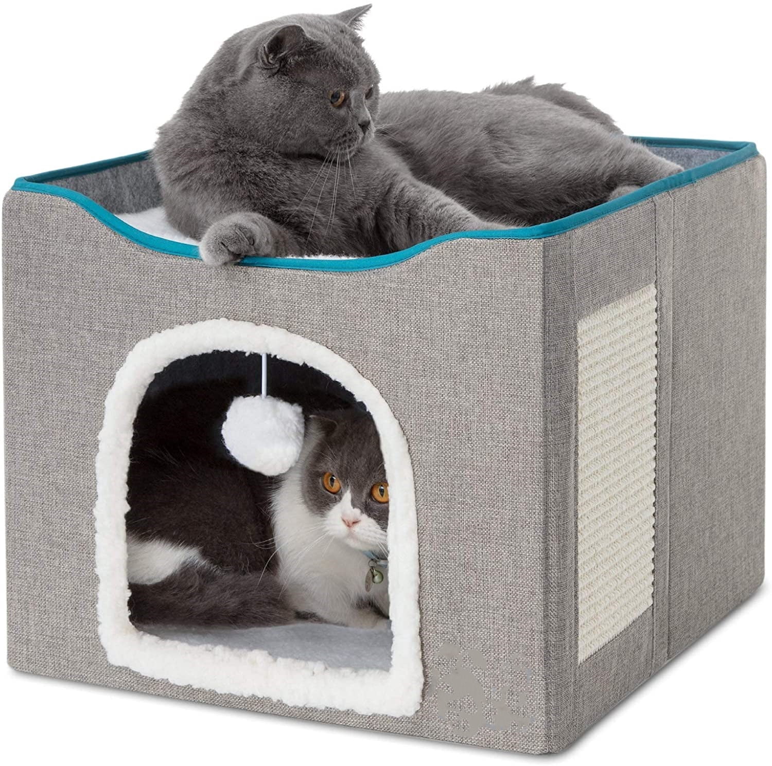 Cat Bed, HDJ Cat House with Scratch Pad and Fluffy Ball Hanging for Cat, Dog,Pets ,16.5x16.5x14 inches, Grey