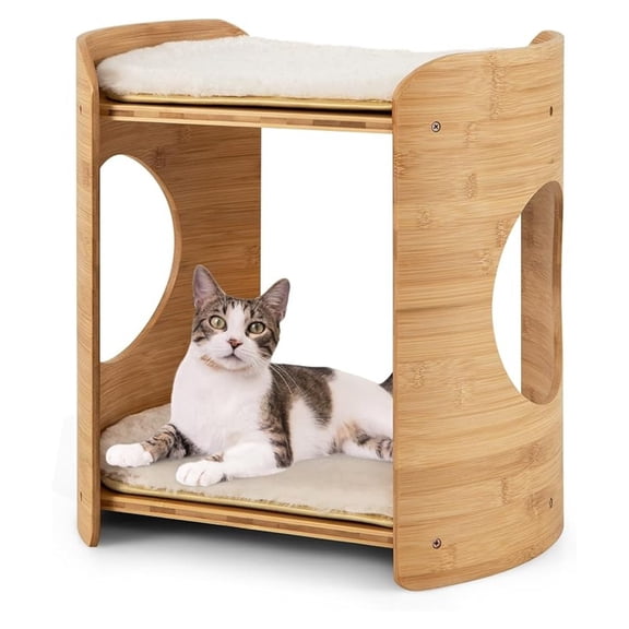 Cat Bed Indoor, 2-Tier Bamboo Cat Tower, Soft Plush Cat Condo, Small with Holes, Farmhouse Pet Furniture for Cats