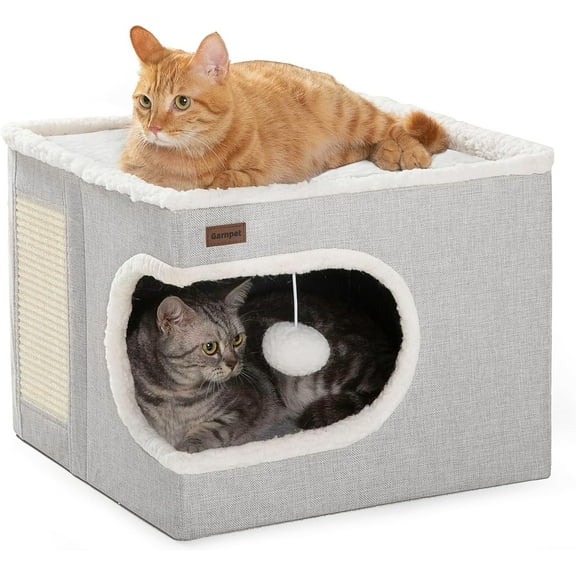 Cat Bed for Indoor Cats Cube House, Covered Cave Beds & Furniture with Scratch Pad and Hideaway Tent, Cute Modern Condo Multi Small Pet Large Kitten Kitty, Grey