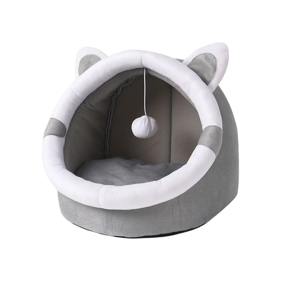 Cat Bed for Indoor Cats - Semi Enclosed Cradle Design Small Dog Bed with Slip Bottom, Cat House with Hanging Toy, Super Soft Calming Pet Sofa Bed , M Grey- M