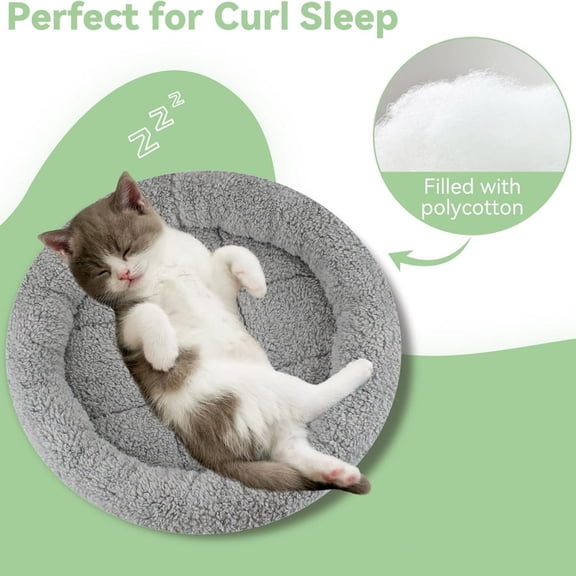 Cat Bed for Indoor Cats, Small Pet Bed Curl Sleep Cushion with Raised Pillow Around, Non-Slip Bottom Washable Pet Beds Mat for Small Pets Rabbit Hamsters, Round Diameter 15.7"