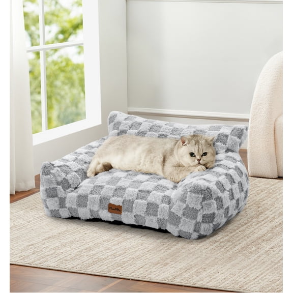 Cat Bed for Indoor Cats, Soft Faux Fur Checkered Cat Couch, Calming Fluffy Kitten Sofa with Supportive Foam, Removable Washable Cover & Non-Slip Base, Gray, Small