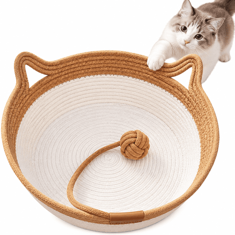 Cat Bed, Large Handwoven Cotton Rope Instinct Basket for Cats, Round Boho Pet Bed, Scratchable Breathable Sleeping Basket